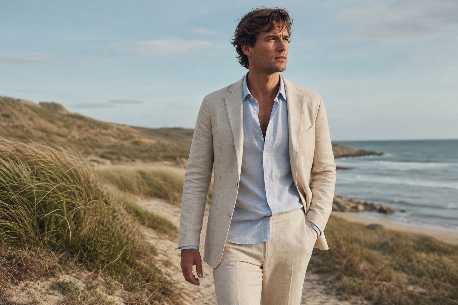 Tailleur masculin clair au bord de l’océan