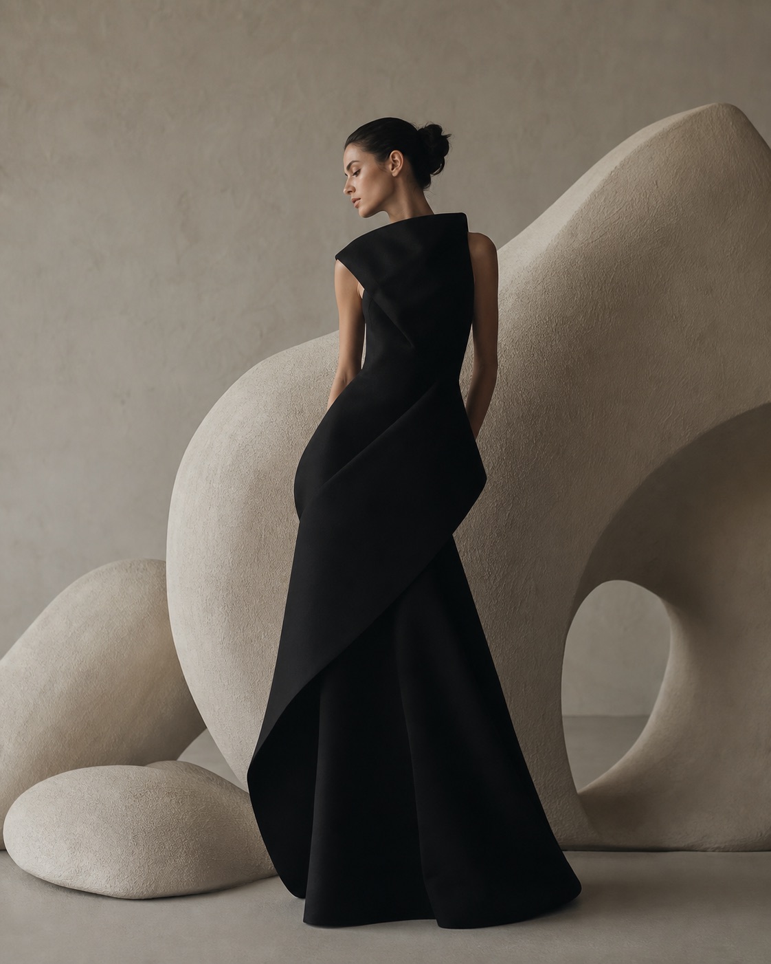 Robe noire sculpturale dans un décor ivoire